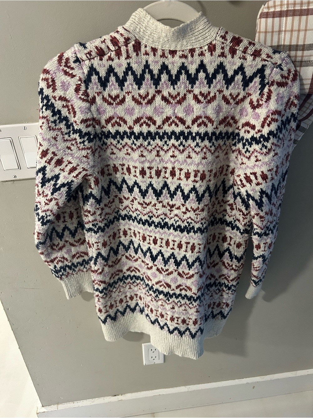 L.L. Bean Cream Fair Isle Open-Front Cardigan with Navy & Burgundy Motif - Picture 2 of 3